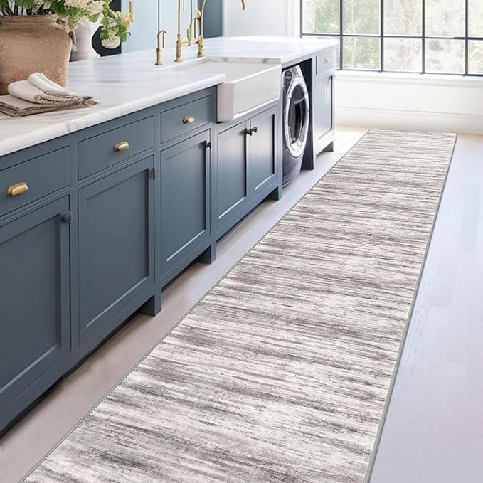 KOZYFLY Modern Abstract Washable Long Runner Rug 2.6x18 Hallway Rug Runner Non-Slip Soft Stair Runner Rugs, Grey-Beige Striped Carpet for Kitchen Entryway Bathroom Laundry Room Foyer