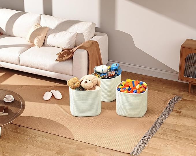 Gocjuaza 3 Pack Storage Cubes 11 Inch Cotton Rope Woven Baskets for Organizing Cube Bin Square Shelves Organizer,Classroom,Kids Toy Bins,Closet,Baby Nursery(Creamy White)