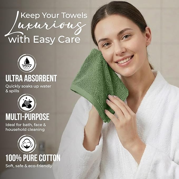 RIVERSIDE 24 Pack Washcloths Set - 100% Cotton [12x12 Inches] - 500 GSM, Soft, Quick-Dry & Highly Absorbent Face Towels - Perfect for Bathroom, Gym, Hotel, Spa & Travel - Sage Green