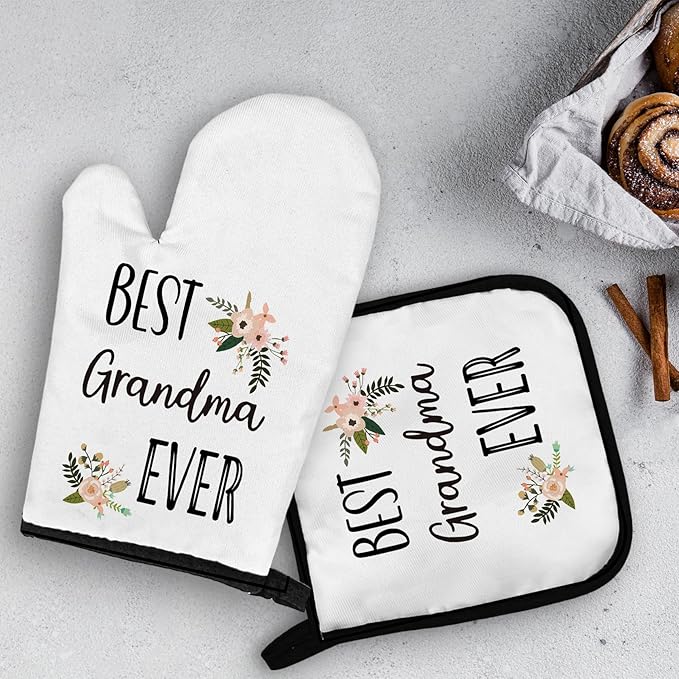 OHSUL Gifts for Grandma Oven Mitts and Pot Holders Sets, Grandma Gifts Kitchen Decor Accessories, Best Grandma Ever Gifts Heat Resistant Oven Gloves Hot Pads for Kitchen Cooking Baking Grilling
