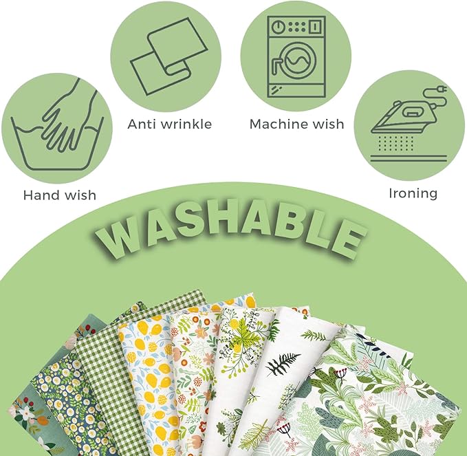 Aubliss 8pcs Fat Quarter Fabric Bundles 20'' x 20'' Cotton Craft Fabric Pre-Cut Squares Sheets for Patchwork Sewing Quilting Crafting(Green Floral)