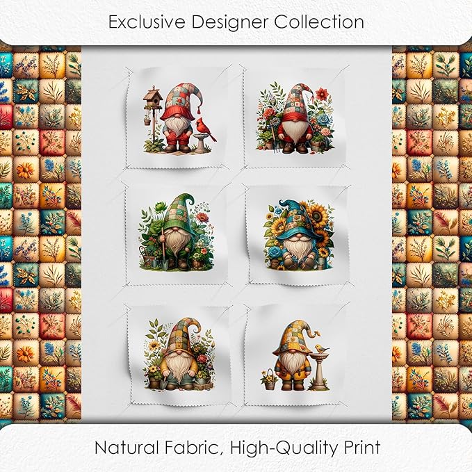 Gnome Patchwork Cotton Fabric Panel – 6 Designs 10×10 inch + Bonus Patchwork Sheet 29.5×19.6 inch, 100% Cotton 140 GSM, Eco-Printed Quilting & Sewing Fabric (USA Size)