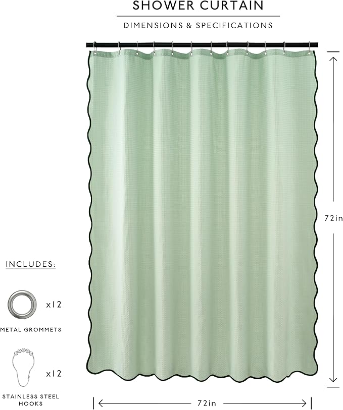 MONDAY MOOSE Scalloped Waffle Weave Shower Curtain with Rustproof Metal Grommet Holes for Bathroom, Machine Washable, Hooks Included (72x72 inch, Dark Green/Light Sage)