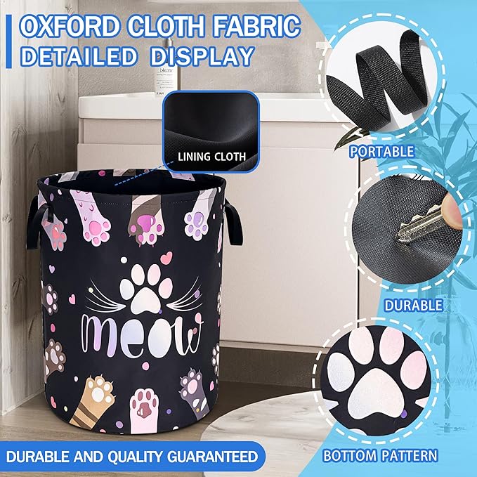 Cat Paw Prints Laundry Basket Meow Pet Oxford Cloth Laundry Hamper With Handle Foldable Portable Clothes Storage Basket 18.9 X 16.5 Inch Storage Bag For Laundry Room/Bathroom/Bedroom/Dormitories