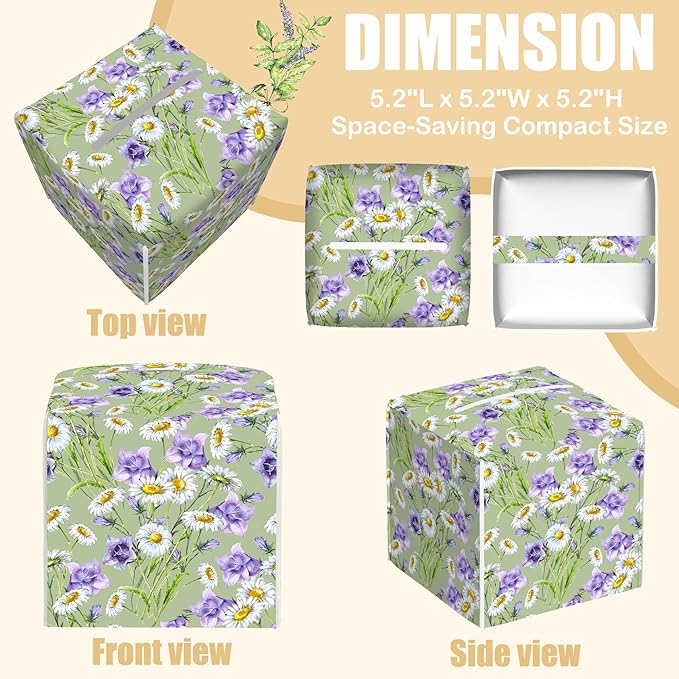 BLYKVGHQ Square Tissue Box Cover Chamomiles and Bell Flowers Tissue Box Holder Facial Cube Paper Dispenser Leather Decorative Organizer Home Office Desk Decor, 5.2"x5.2"x5.2"