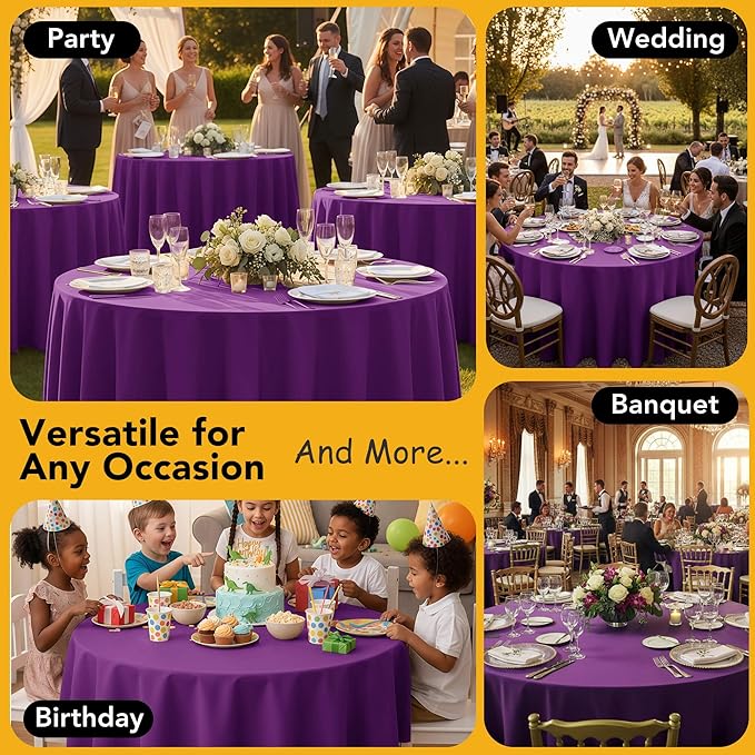10-Pack Purple Round Tablecloths, 108 Inches, Stain-Resistant Polyester for 4-5 Ft Round Tables - Washable Table Covers for Weddings, Banquets, Birthday Parties, Events