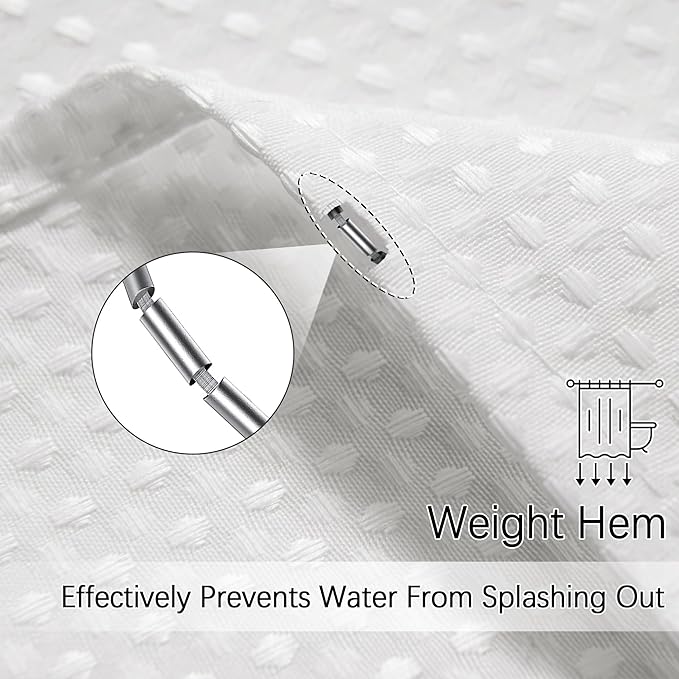 PANGSINNE Long White Shower Curtain Waterproof Large Heavy Duty Fabric for Bathroom, Machine Washable Tall 256GSM Modern Shower Curtains for Spa Hotel with 12 Metal Hooks, 72Wx80H