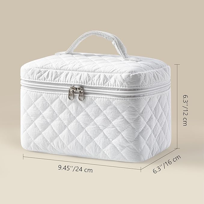 HBselect Christmas Gifts Large Quilted Makeup Bag, Cute Cotton Travel Makeup Bag with Handle, Portable Coquette Floral Make up Bags, Toiletry Organizer Make up Bags for Women Teen Girls Mom