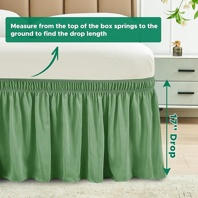 Biscaynebay Wrap Around Bed Skirts for Queen Beds 17" Long Drop, Sage Adjustable Elastic Dust Ruffles Easy Fit Wrinkle Resistant Silky Luxurious Fabric Machine Washable