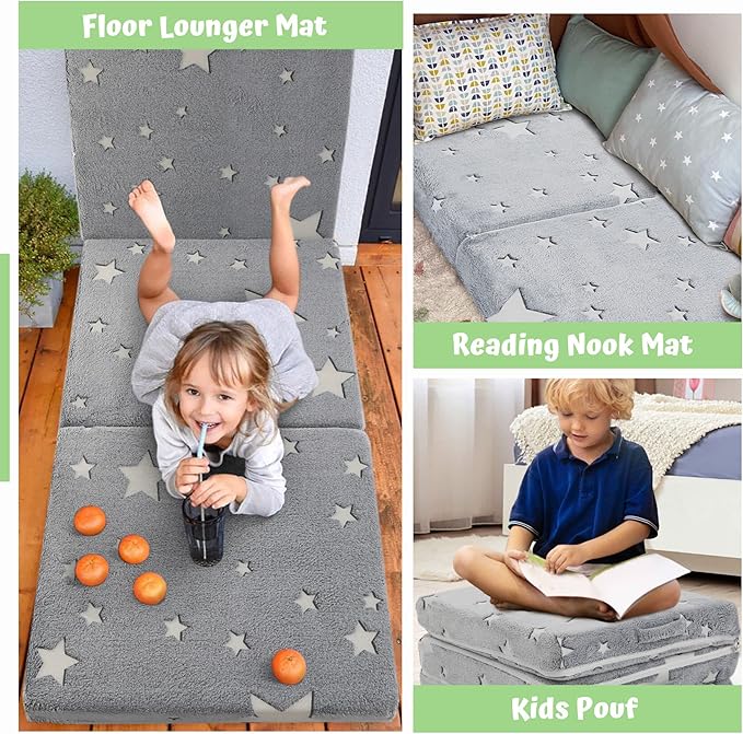 MeMoreCool Glow Star Kids Foldable Floor Mattress Mat with Carry Bag, 3-in-1 Tri-Fold Futon, Soft Plush Glow Cover, Portable for Travel, Grey 63x26 Inch