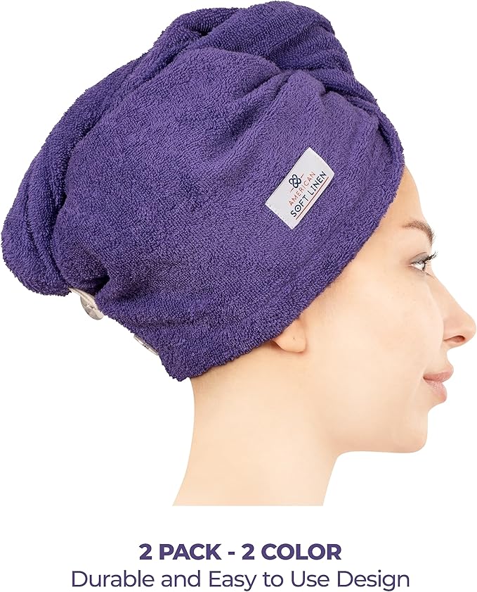 American Soft Linen 100% Cotton Hair Towels for Women, Head Towel Cap, Cotton Hair Turban Towel Wrap for Long Curly Anti Frizz Hair, Soft and Absorbent Cotton Hair Towels 2 Pack, Purple-Black
