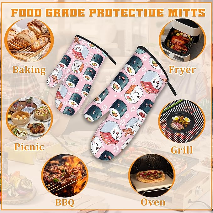 Cute Sushi Roll Japanese Oven Mitts and Pot Holders Set,Kitchen Decor Heat Resistant Non Slip Hot Pads and Oven Mitt for Chef Cooking Baking BBQ Mom Girl Gifts(4 Piece Set)