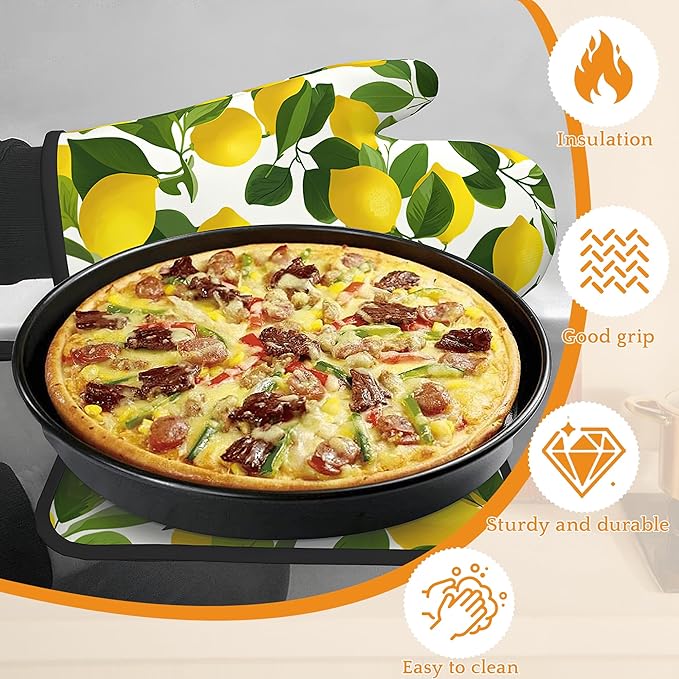 Lemon Oven Mitts and Pot Holders Set,Kitchen Decor Heat Resistant Non Slip Hot Pads and Oven Mitt for Chef Cooking Baking BBQ Mom Girl Gifts(4 Piece Set)