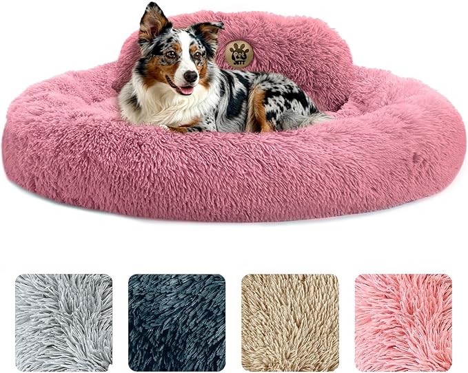 PetJett Calming Large Dog Bed - 36'' Donut Dog Beds, Anti-Slip & Washable Large Round Bed, Fluffy Faux Fur Pet Bed, Super Soft Anti-Anxiety Premium Comfort Bed, Fits Dogs up to 80 lbs - Pink