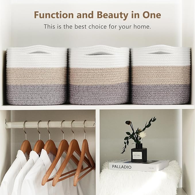 ECDYQXVU Cotton Rope Storage Basket, 15x10x9 Inches, Woven Basket for Shelves, Clothes, Towels, Books, and Laundry, White Brown (3 Pack)