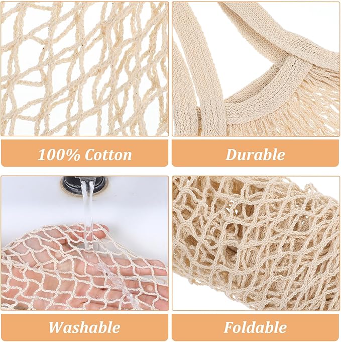 Mabor 2-Pack Cotton Mesh Grocery Bags, Reusable & Foldable Net Produce Bags for Shopping, Beige & Black