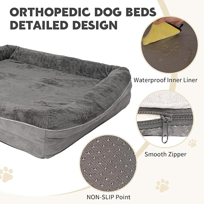 Dog Bed Waterproof Medium/Large Sized XL Foam Pet Beds Removable Washable Cover Dog Sofa Egg Crate Foam Support with Zipper Bottom Bolster Deluxe Plush Mat (38.2x30.3x7.5in+Grey)