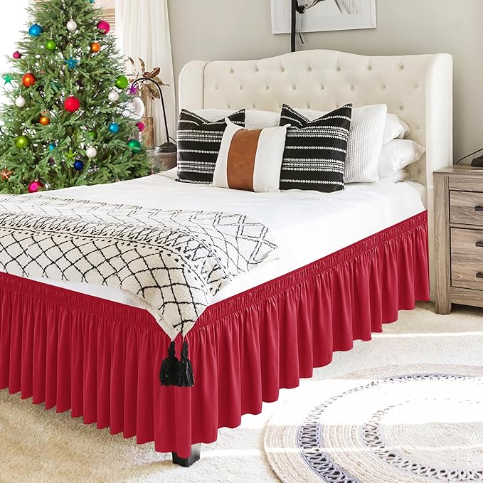 Biscaynebay Wrap Around Bed Skirts for Full & Full XL Beds 15" Drop, Red Adjustable Elastic Dust Ruffles Easy Fit Wrinkle & Fade Resistant Silky Luxurious Fabric Machine Washable