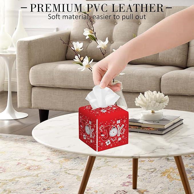 POIUBLE Snowflake Tissue Box Holder Merry Christmas Joy Words Tissue Box Cover Square Leather Tissue Holder Organizer Portable Decorative Facial Paper Case for Home Office Bathroom Vanity Countertop