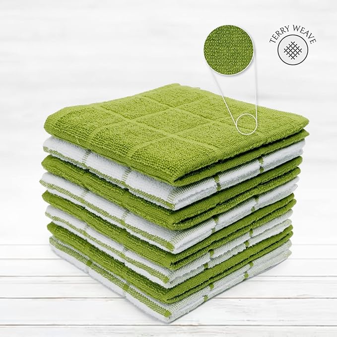 Mellow Buff 100% Cotton Terry Dish Cloth & Dish Towel, 6 Pack, Super Soft and Absorbent Kitchen Towels, Perfect for Kitchen Cleaning and Dish Washing (Green (Solid and Checks) 8 Pack)