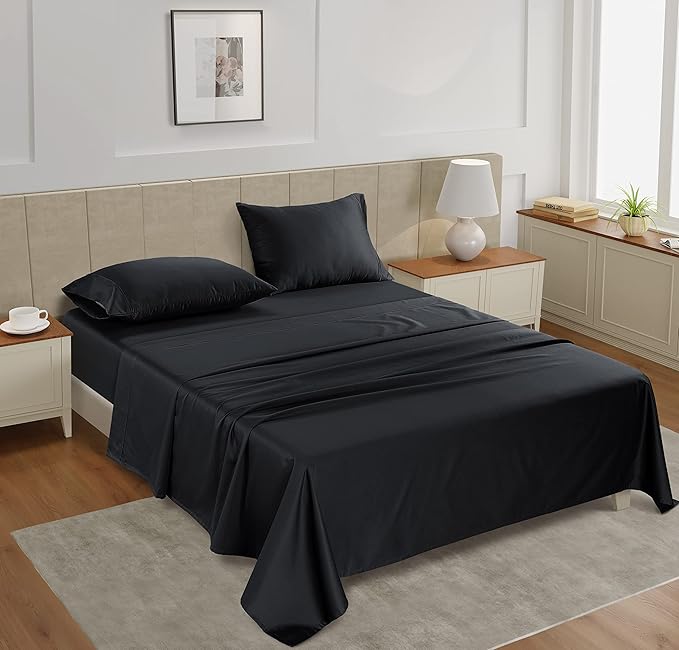 LANE LINEN California King Sheet Set – 450 Thread Count 100% Cotton Cooling Sheets, Soft Sateen Weave, 15” Deep Pocket Fully Elasticized Fitted Sheet, Hotel Bedding & Pillowcases, Black