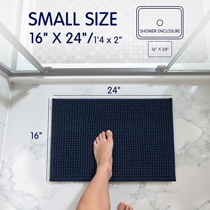 SUBRTEX Bathroom Rugs Chenille Bath Rug Soft Short Plush Bath Mat Soft Shower Mat Water Absorbent Shower Mat Quick Dry Machine Washable(Navy,16" x 24")