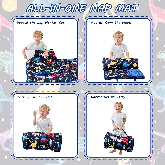 Lasoftan Toddler Nap Mat with Pillow and Blanket, Extra Large Rolled Napping Mats,Slumber Bags for Boys Girls,Kids Sleeping Bag for Daycare, Preschool Travel Camping