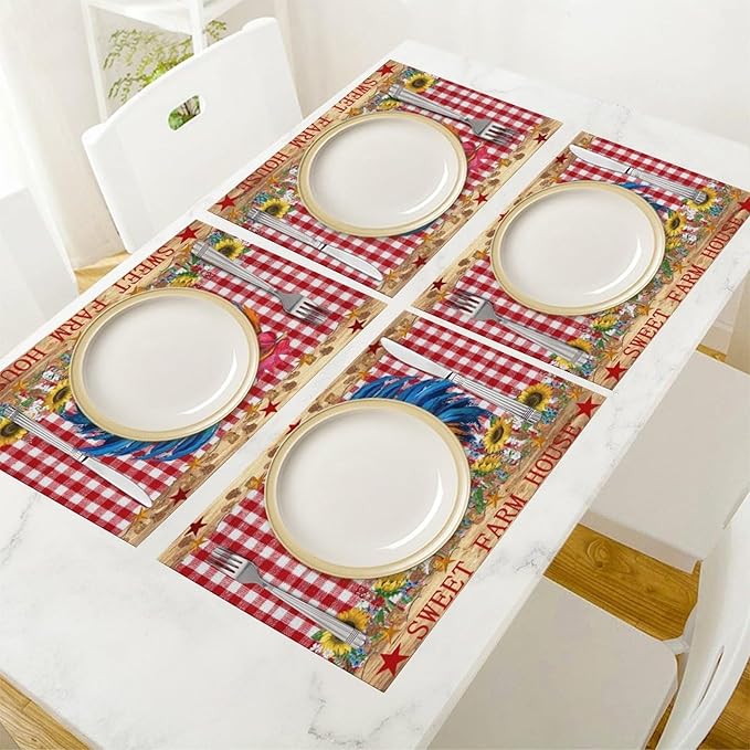 Farm Rooster Placemats, Vintage Rustic Farmhouse Lattice Sunflower Flower Chicken Animal Print Washable Fabric Placemats Table Kitchen Dining Party 12x18 Inch Set of 4