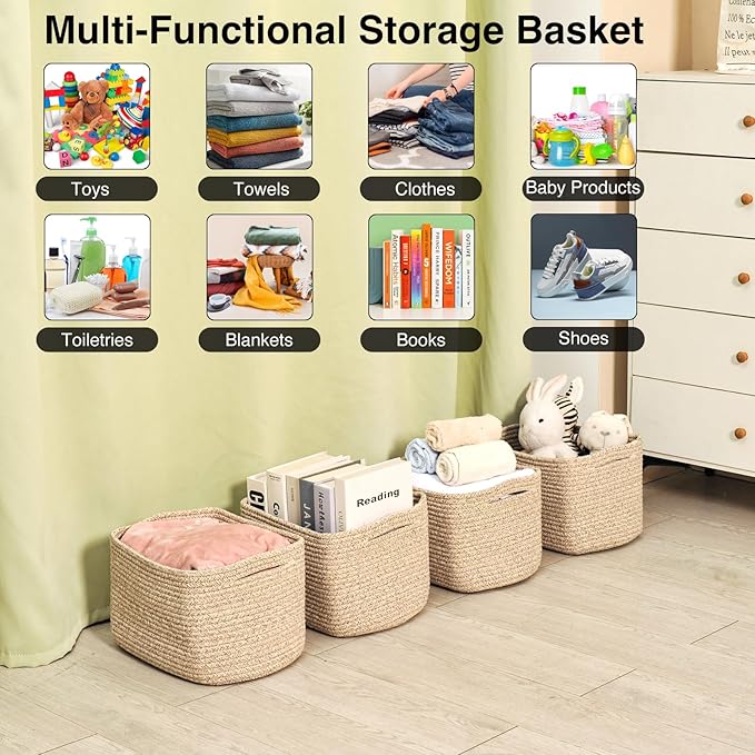 ICERZCZ Small Storage Baskets for Shelves Organizing, Woven Cotton Rope Baskets for Storage, Book Basket, Decorative Shelf Basket, 12.5"Lx9.1''Wx7.9''H (4 Packs) Brown