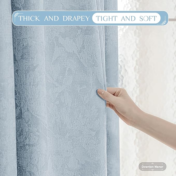 Beauoop Blue Floral Jacquard Blackout Curtains 63 Inches Long 2 Panels for Bedroom Living Room Chenille Flower Room Darkening Thermal Insulated Soundproof Rod Pocket Back Tab Window Drapes, 52x63