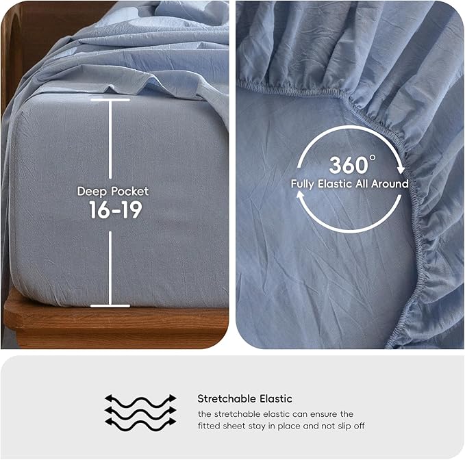 MooMee Bedding Sheet Set 100% Washed Cotton Linen Like Textured Breathable Durable Soft Comfy (Heathered Cornflower Blue, Split King)