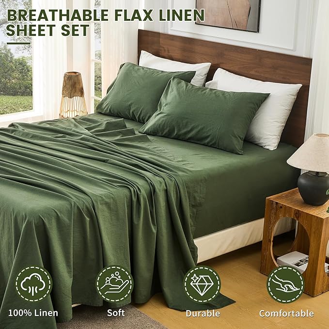 Bedlifes 100% French Linen Sheets Queen Size 18-24”Extra Deep Pocket 4-Piece Set Breathable & Moisture-Wicking,Soft & Durable Sheets for Thick Mattresses(Forest Green)
