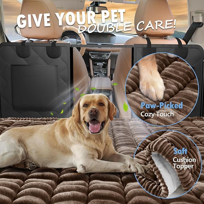 ROUWINNE Backseat Dog Bed Non-Slip, Dog Bed for Car Back Seat Soft and Comfortable, Back Seat Pet Bed Mat for Travel, Pet Car Blanket for Backseat Extender and Seat Covers Brown (51”X 23.5”)