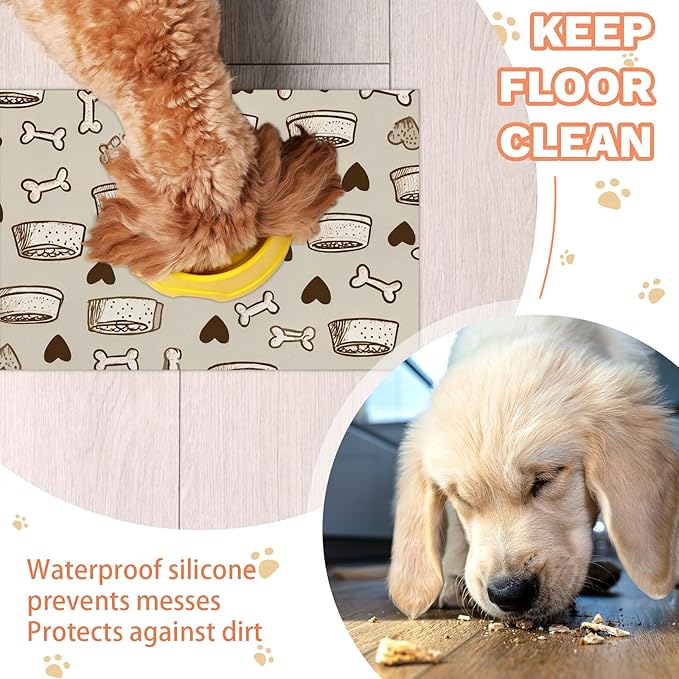 Eizlang Dog Cat Food Mat,12"x20" Inches Rapid Absorbent Pet Feeding Mat,Pets Placemat Water Bowl Mats with Rubber Backing,No Stains Cat Dog Feeding Mats Indoor,Pet Accessories Supplies,Brown Dogs Paw