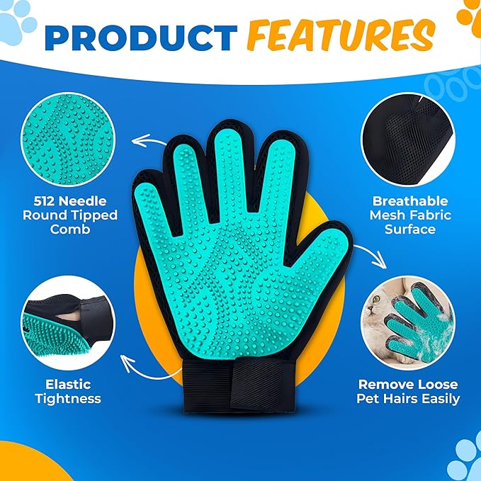 Petandzy Pet Hair Removal Glove + Hair Brush Set – Dog Grooming Gloves for Shedding, Cat Grooming Brush, Cat Hair Brush – Pet Hair Remover Glove for Dogs & Cats, Dog Shedding Tool for All Coats