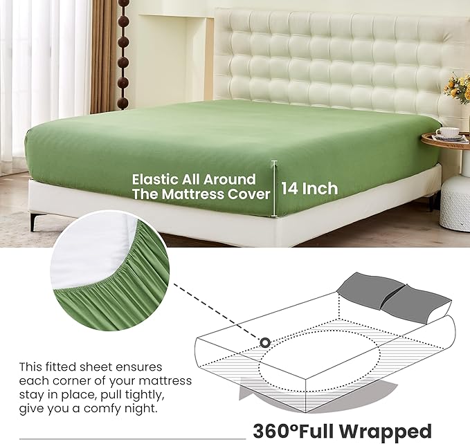 Simple&Opulence Belgian Linen Sheet Set Solid Color - 4 Pieces (1 Flat Sheet & 1 Fitted Sheet & 2 Pillowcases) Natural Flax Cotton Blend Soft Bedding Breathable Farmhouse - Khaki Green, King Size