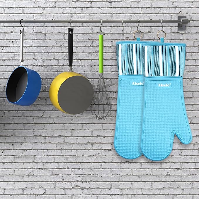 Oven Mitts Heat Resistant Silicone Kitchen Gloves for 550 Degrees with Waterproof and Non-Silp, Oven Gloves for Baking Cooking Barbecue Microwave Machine Washable (2, Extra Long Sapphire)