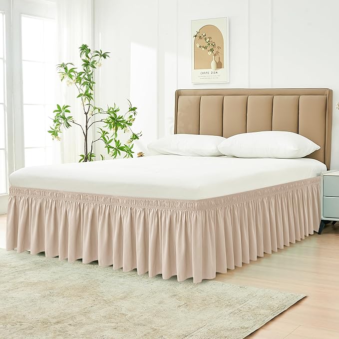 Biscaynebay Wrap Around Bed Skirts for Queen Beds 17" Long Drop, Sand Adjustable Elastic Dust Ruffles Easy Fit Wrinkle Resistant Silky Luxurious Fabric Machine Washable