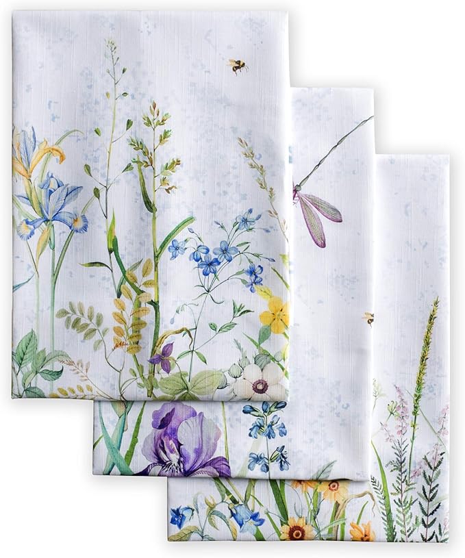 Maison d' Hermine Kitchen Towels Set of 3 100% Cotton 27.50" x 20" Reusable Cloth Tea Dish Towels Absorbent with Hanging Loop for Kitchen, Home, Dining, Cocktail Parties Spring/Summer (Fleurs De Mai)