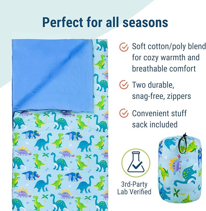 Wildkin Kids Sleeping Bag – Roll-Up Design with Storage Bag for School, Travel & Camping - Dinosaur Land
