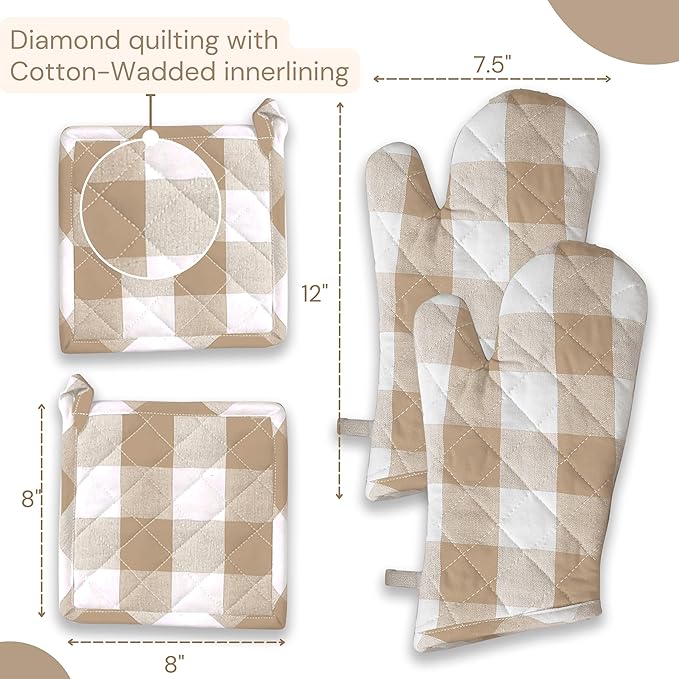 Buffalo Plaid Check Oven Mitts and Pot Holders Set, 100% Cotton, Heat Resistant, Includes 2 Oven Gloves (7x13 Inches) and 2 Hot Pads (8x8 Inches) for Cooking and Baking, Beige White