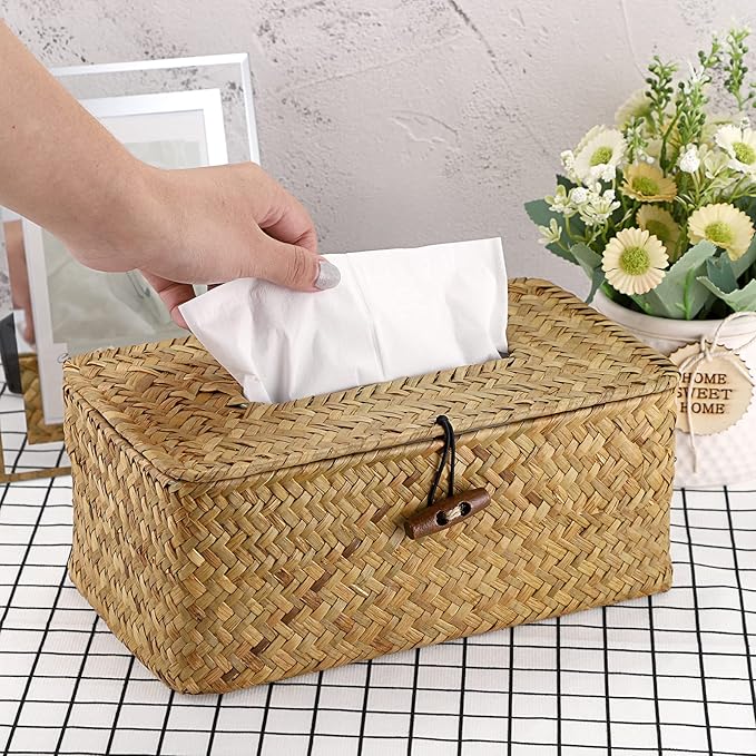 Sumnacon Tissue Box Cover Rectangle Tissue Box Seagrass Tissue Box Holder Woven Tissue Holder Decorative Tissue Cover for Bathroom Tissue Box Cover Rectangular for Home Office Table Yellow