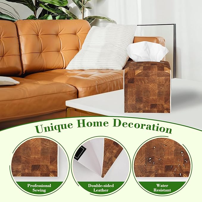 Natural Wood Board Honey Oak Tissue Box Cover Square Leather Tissue Holder Waterproof Facial Paper Organizer Dispenser Cube Paper Cover Case for Home Office Bathroom Vanity Countertop