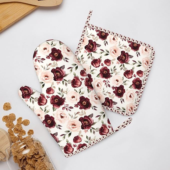 Oven Mitts Pot Holders Set Rose Flower Watercolor Floral Silicone Kitchen Gloves Potholders Heat Resistant for Chef Baking Cooking Grilling BBQ 4 Pack Mitt