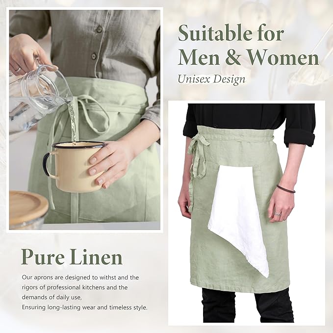 Pure Linen Bistro Half Apron - 25 x 35 Inch Unisex Waist Aprons with Large Pocket Ideal for Kitchen Crafts and More