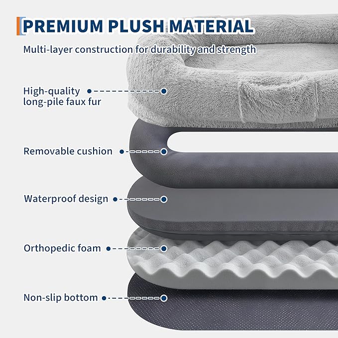 Festisoul Large Plush Dog Bed with Raised Headrest, Orthopedic Pet Bed for Dogs & Cats, Washable Fleece Pet Bed for Large Breeds, White Grey (19x14x9 Inches)