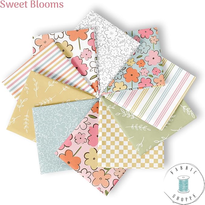 10-Pcs Fat Quarters Fabric Bundles of 100% Soft Cotton, 18" x 22" - Sweet Blooms Floral Fabric Squares for Patchwork, Quilts, Pillow Covers & More - DIY Handmade Crafts & Home Décor