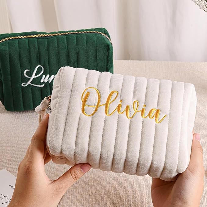 MYDREAMY Personalized Velvet Makeup Bag with Name, Custom Embroidered Cosmetic Bags for Women Girls, Initial Quilted Makeup Bag,Travel Toiletry Pouch, Gifts for Bride Bridesmaid, Birthday, Wedding