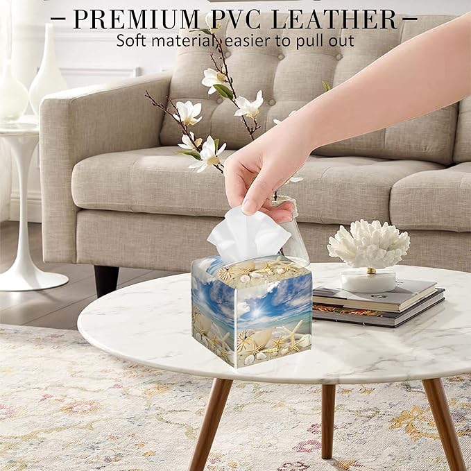 POIUBLE Seashells and Starfish on Beach Tissue Box Cover Leather Tissue Box Holder Square Facial Paper Organizer Dispenser for Bathroom Kitchen Bedroom Vanity Countertop Night Stands