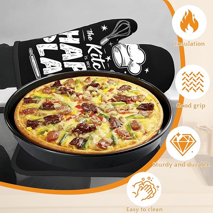 Funny Oven Mitts and Pot Holders Set,The Kitchen is My Happy Place Kitchen Decor Heat Resistant Non Slip Hot Pads and Oven Mitt for Chef Cooking Baking BBQ Mom Girl Gifts(4 Piece Set)
